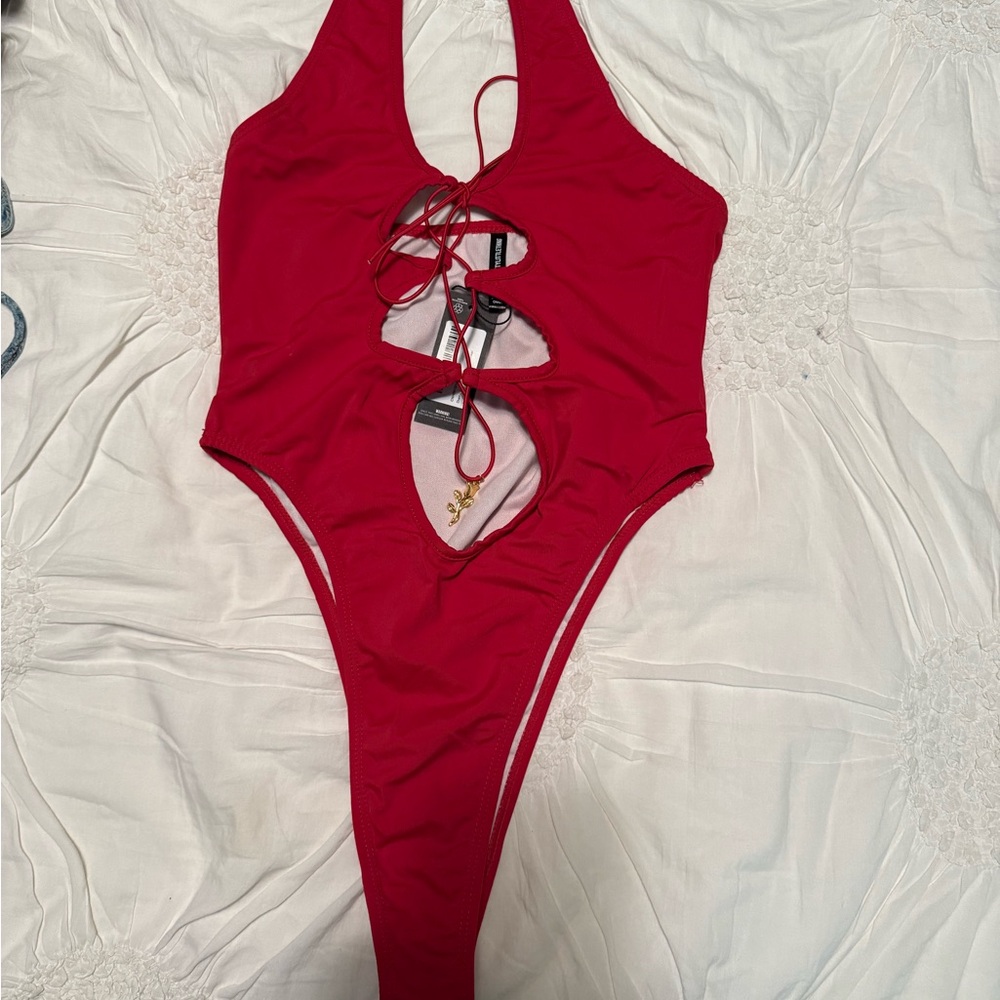 PrettyLittleThing Red Lace-Up One-Piece Swimsuit